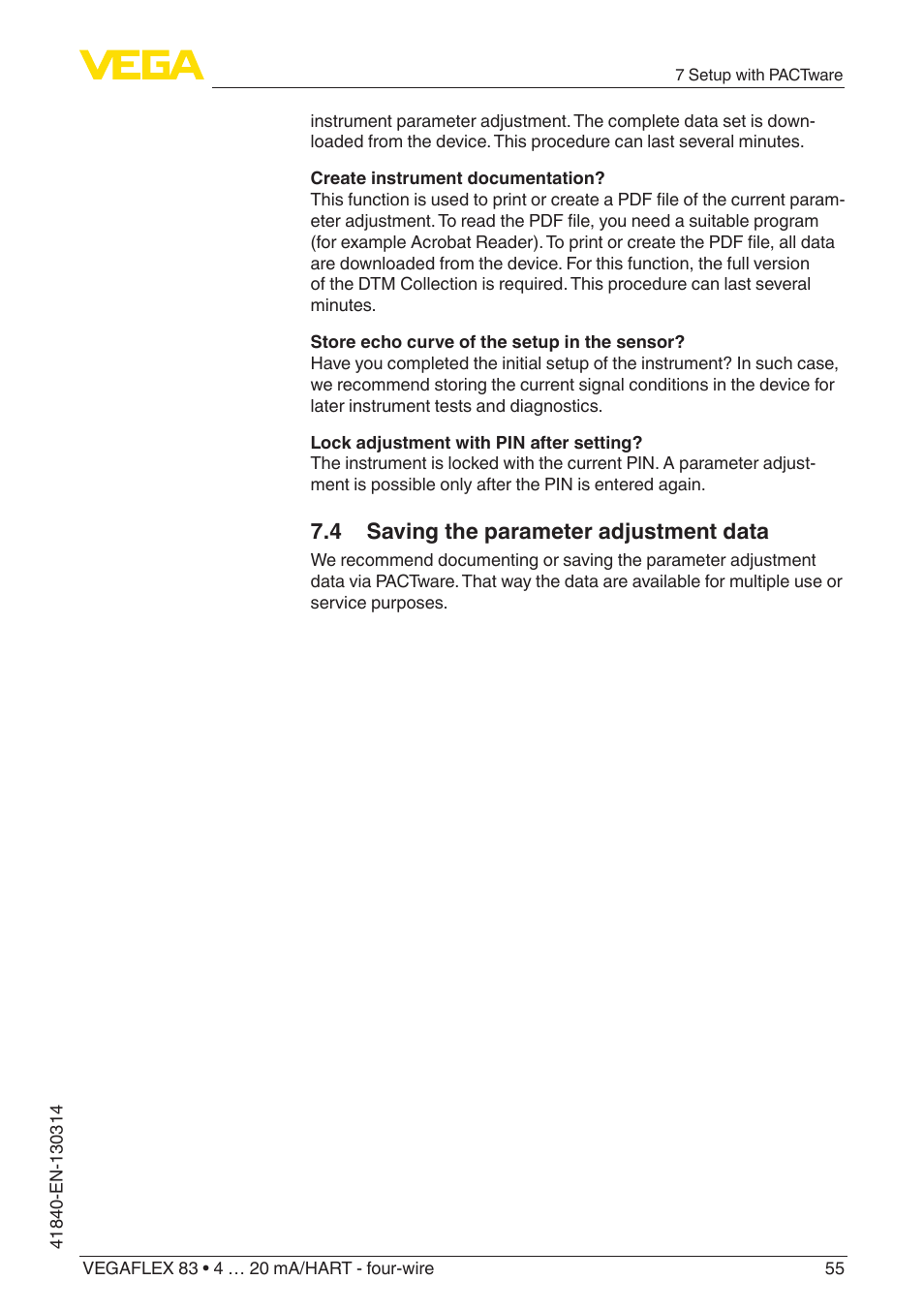 4 saving the parameter adjustment data | VEGA VEGAFLEX 83 4 … 20 mA_HART - four-wire Polished version User Manual | Page 55 / 80