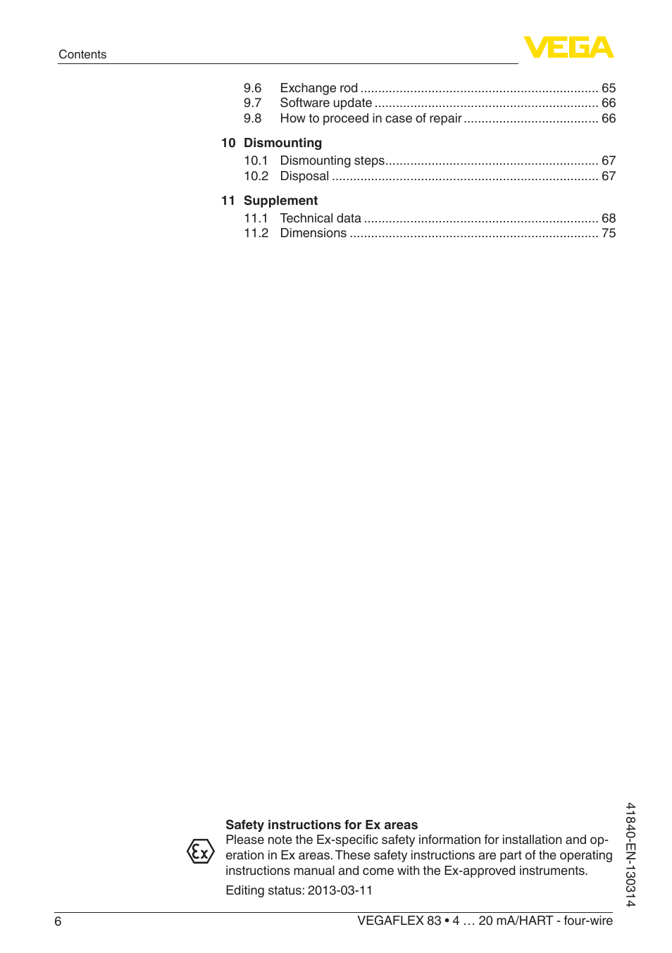 VEGA VEGAFLEX 83 4 … 20 mA_HART - four-wire Polished version User Manual | Page 6 / 80