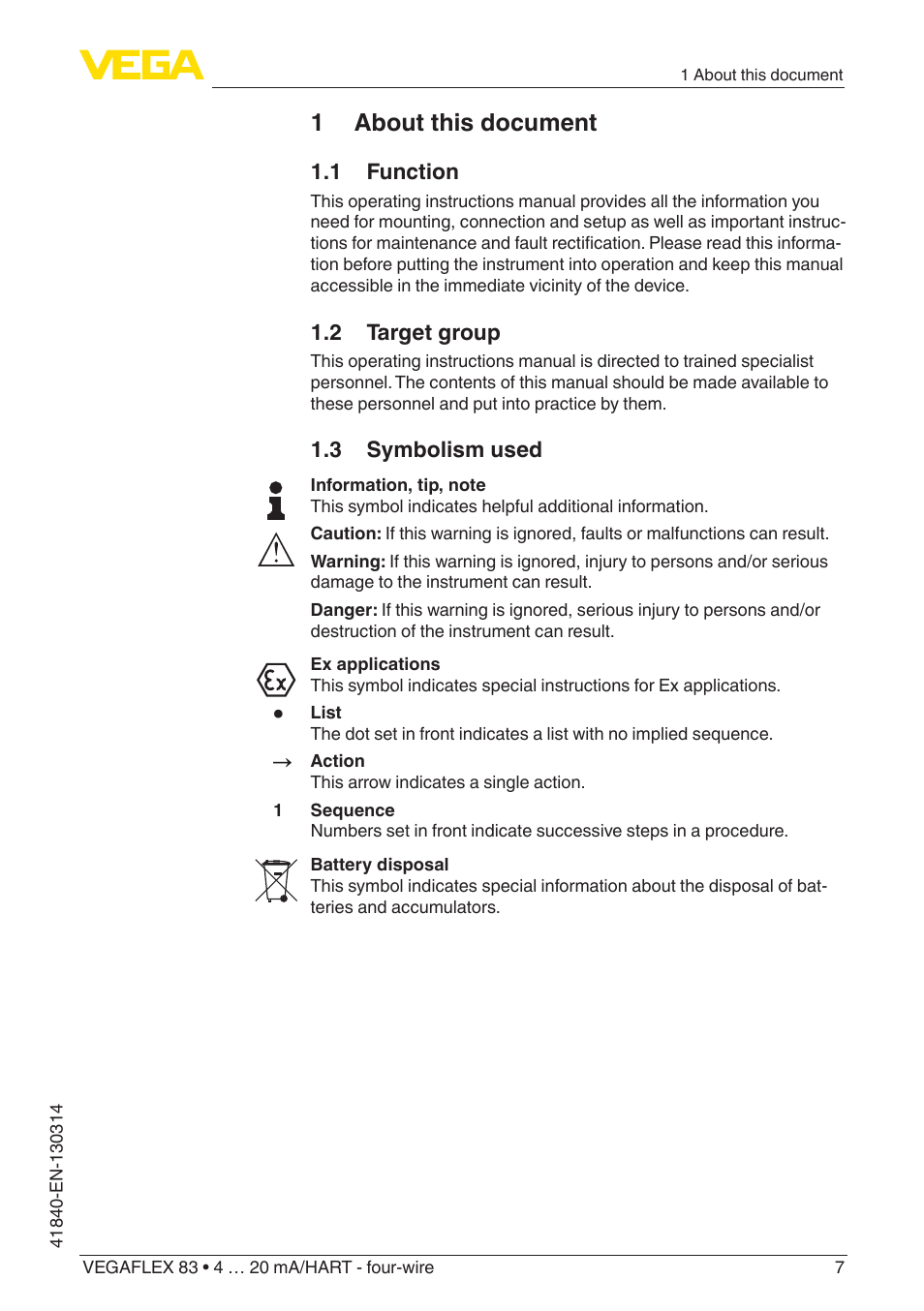 1 about this document | VEGA VEGAFLEX 83 4 … 20 mA_HART - four-wire Polished version User Manual | Page 7 / 80