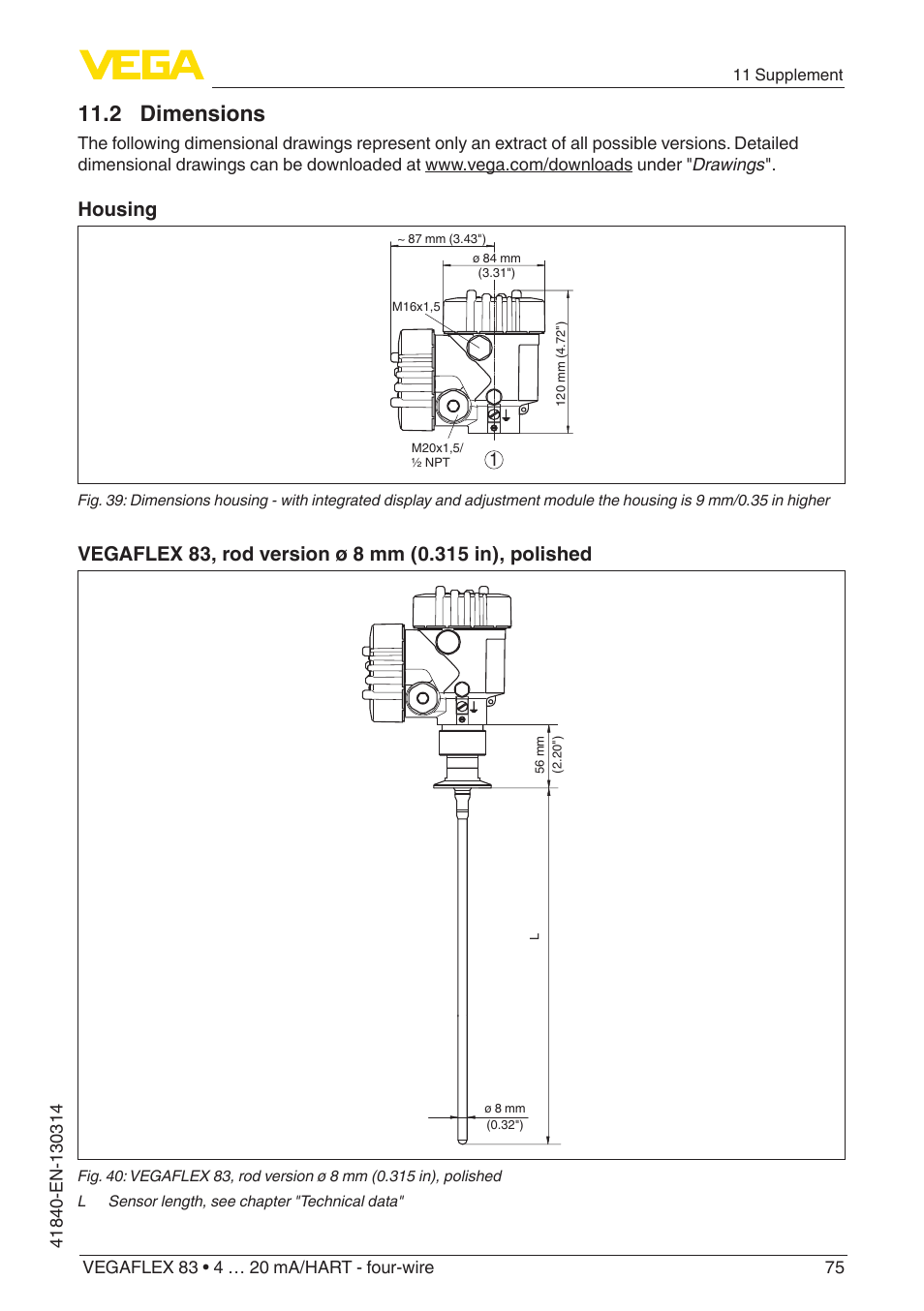 2 dimensions, Housing | VEGA VEGAFLEX 83 4 … 20 mA_HART - four-wire Polished version User Manual | Page 75 / 80