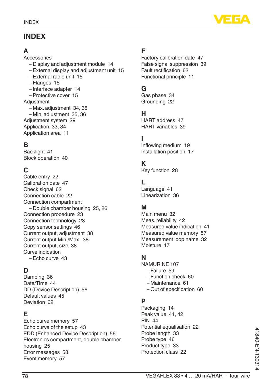 Index | VEGA VEGAFLEX 83 4 … 20 mA_HART - four-wire Polished version User Manual | Page 78 / 80