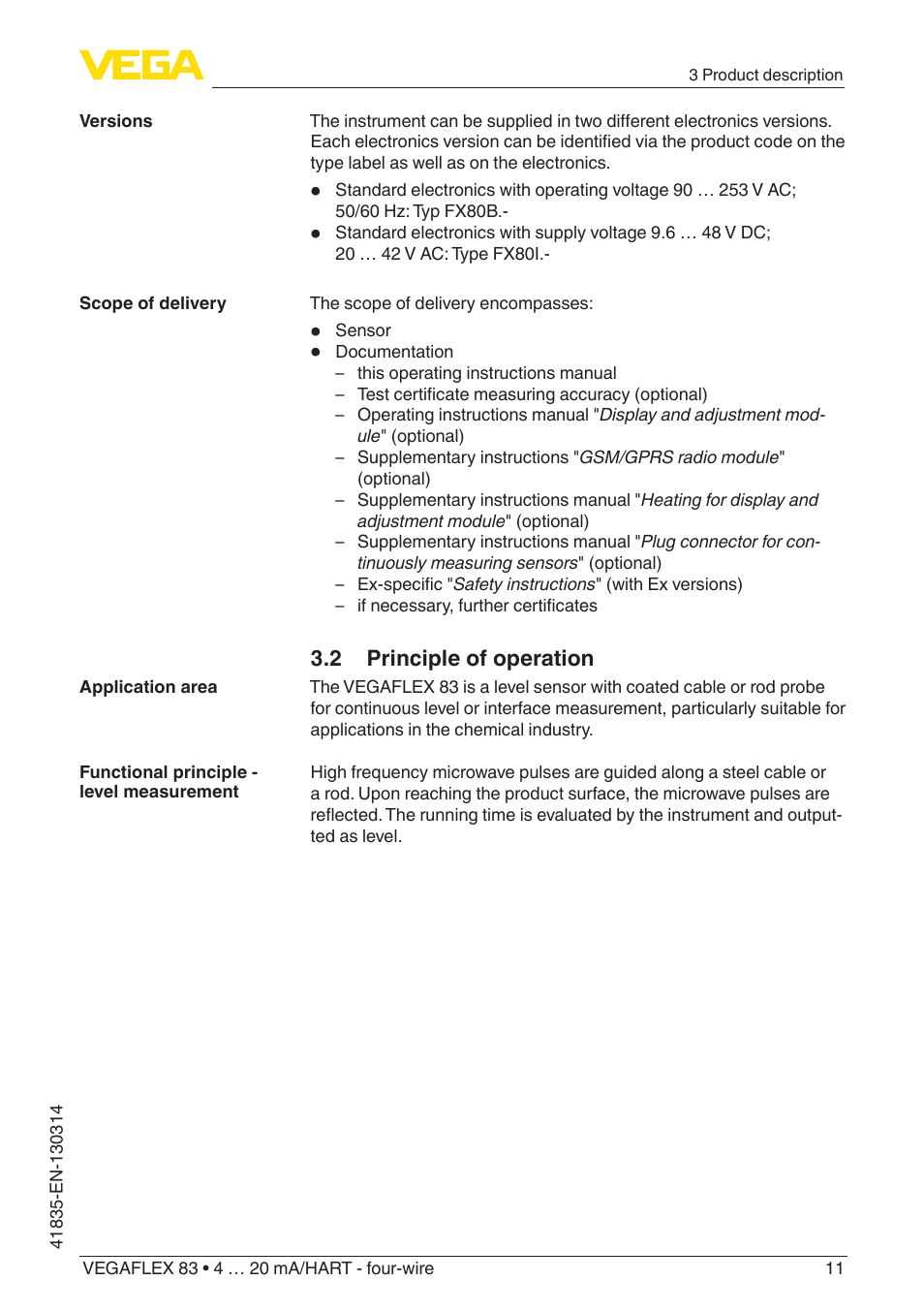 VEGA VEGAFLEX 83 4 … 20 mA_HART - four-wire PFA insulated User Manual | Page 11 / 80