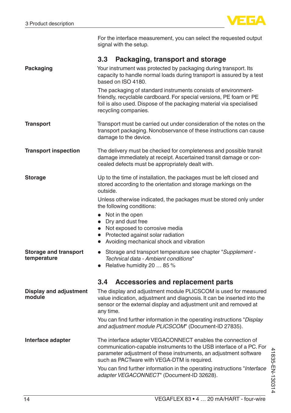 VEGA VEGAFLEX 83 4 … 20 mA_HART - four-wire PFA insulated User Manual | Page 14 / 80