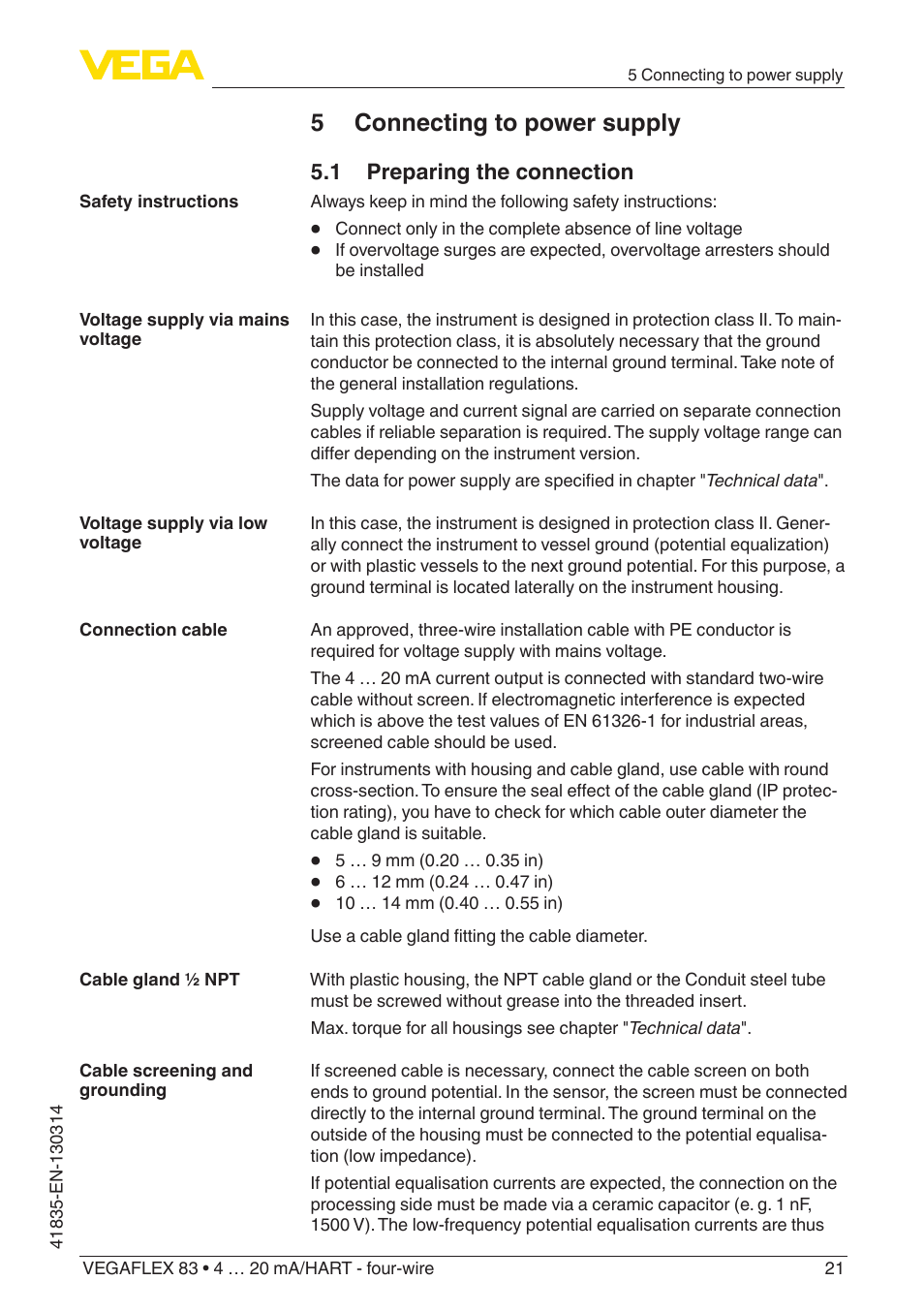 5 connecting to power supply | VEGA VEGAFLEX 83 4 … 20 mA_HART - four-wire PFA insulated User Manual | Page 21 / 80