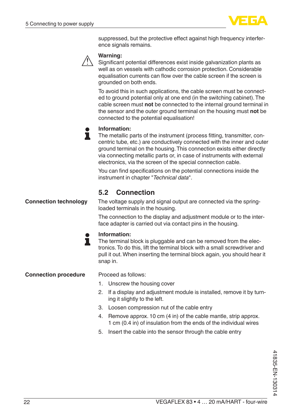 2 connection | VEGA VEGAFLEX 83 4 … 20 mA_HART - four-wire PFA insulated User Manual | Page 22 / 80