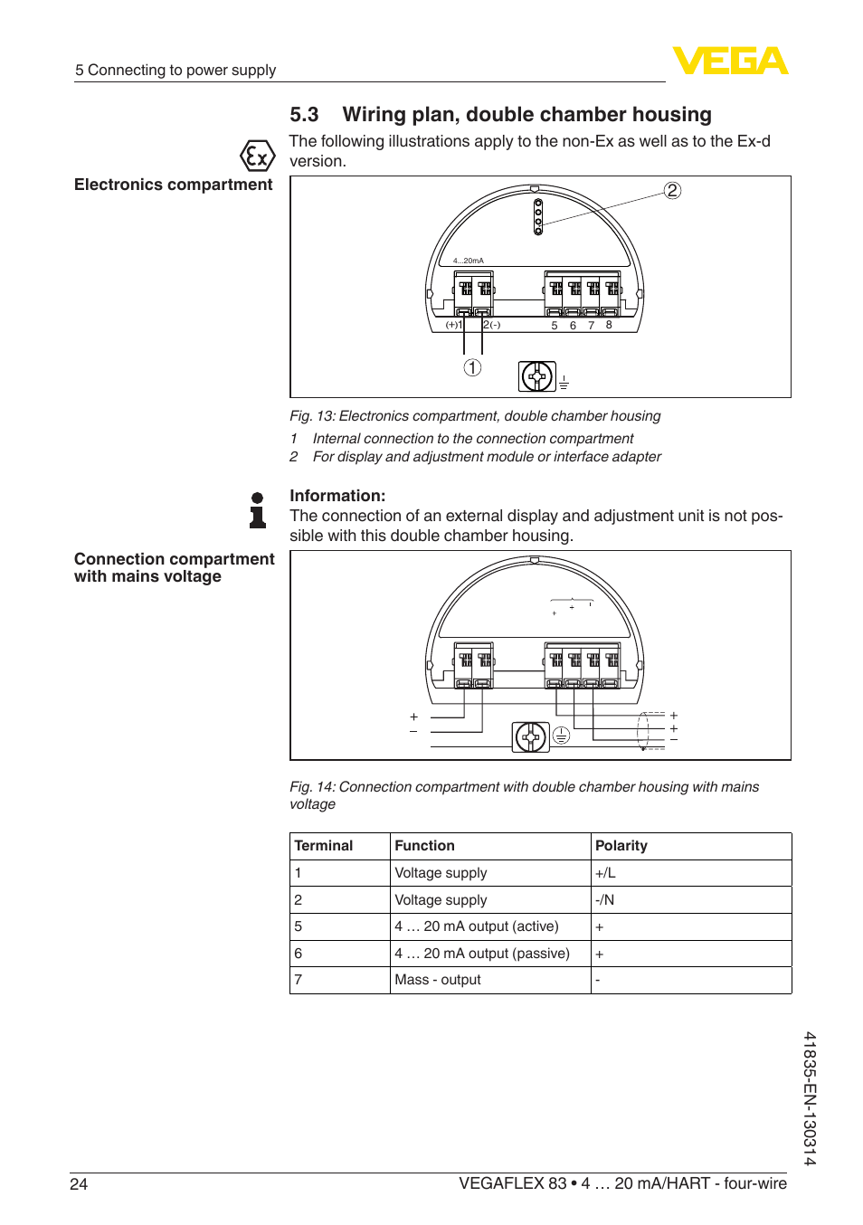 3 wiring plan, double chamber housing | VEGA VEGAFLEX 83 4 … 20 mA_HART - four-wire PFA insulated User Manual | Page 24 / 80