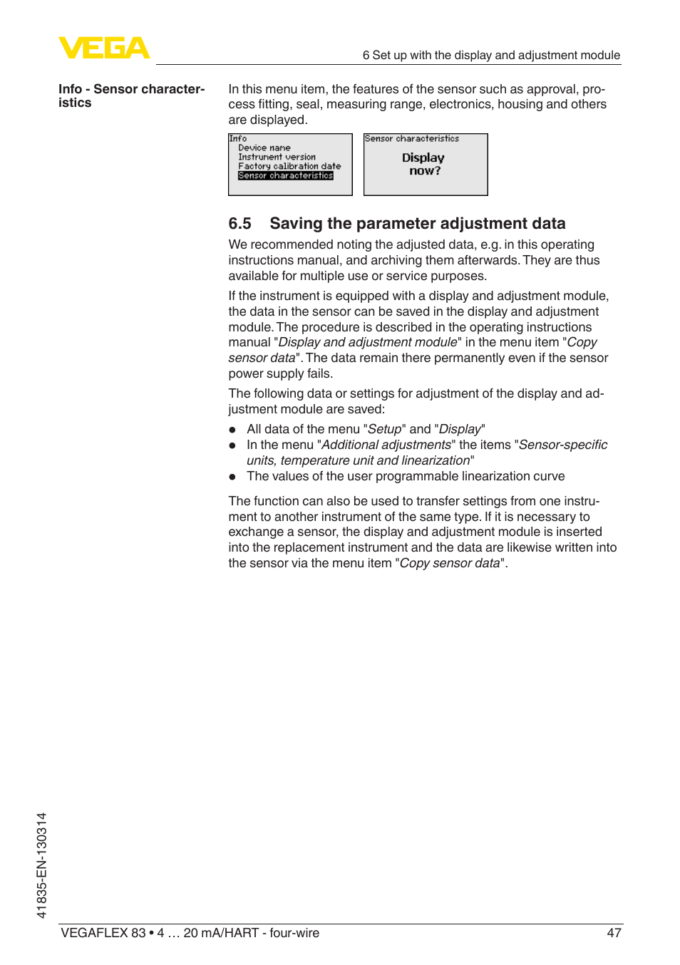 VEGA VEGAFLEX 83 4 … 20 mA_HART - four-wire PFA insulated User Manual | Page 47 / 80