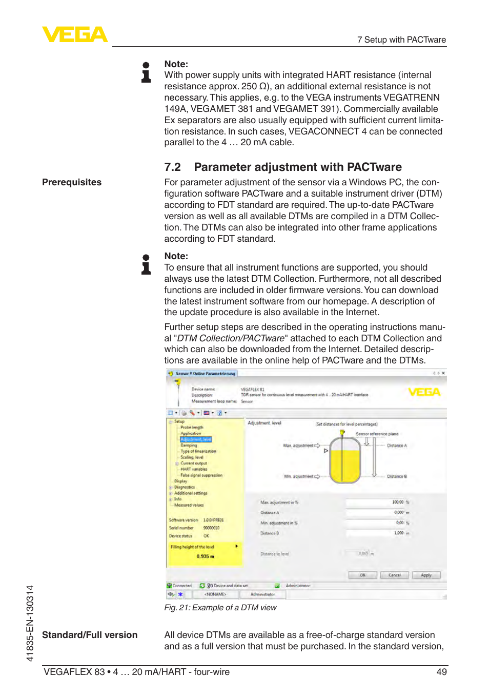 2 parameter adjustment with pactware | VEGA VEGAFLEX 83 4 … 20 mA_HART - four-wire PFA insulated User Manual | Page 49 / 80