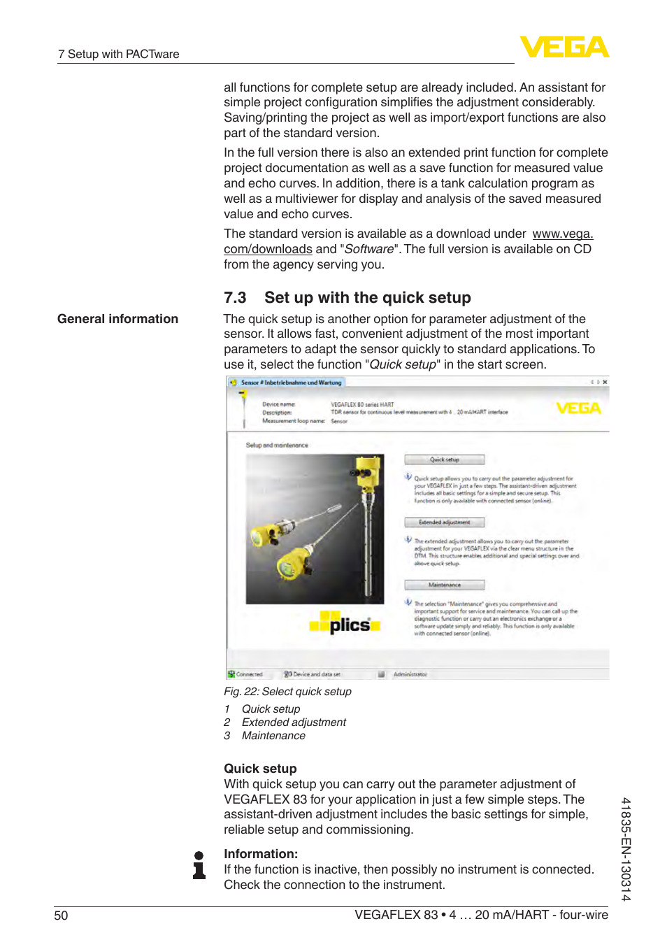 3 set up with the quick setup | VEGA VEGAFLEX 83 4 … 20 mA_HART - four-wire PFA insulated User Manual | Page 50 / 80