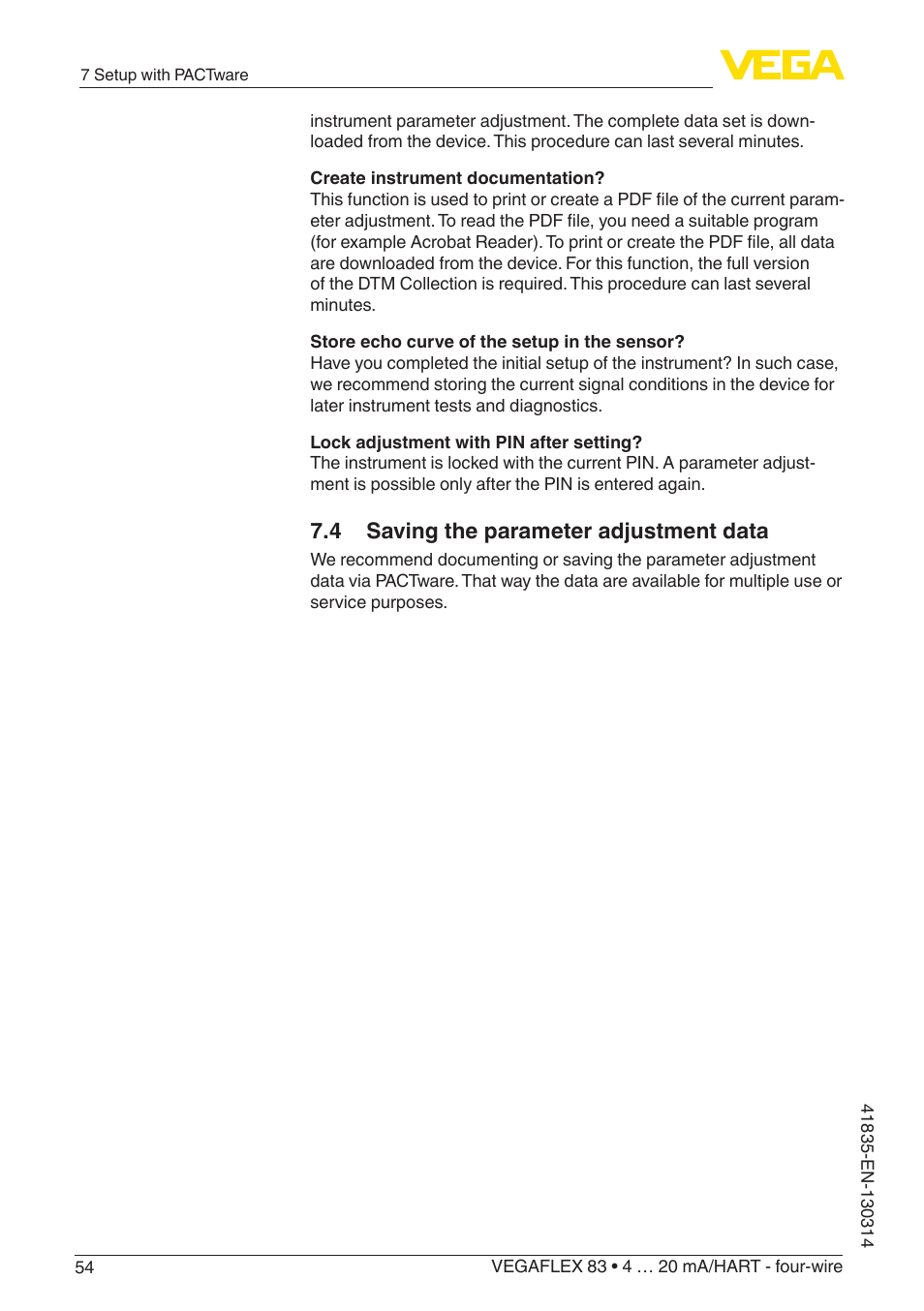 4 saving the parameter adjustment data | VEGA VEGAFLEX 83 4 … 20 mA_HART - four-wire PFA insulated User Manual | Page 54 / 80