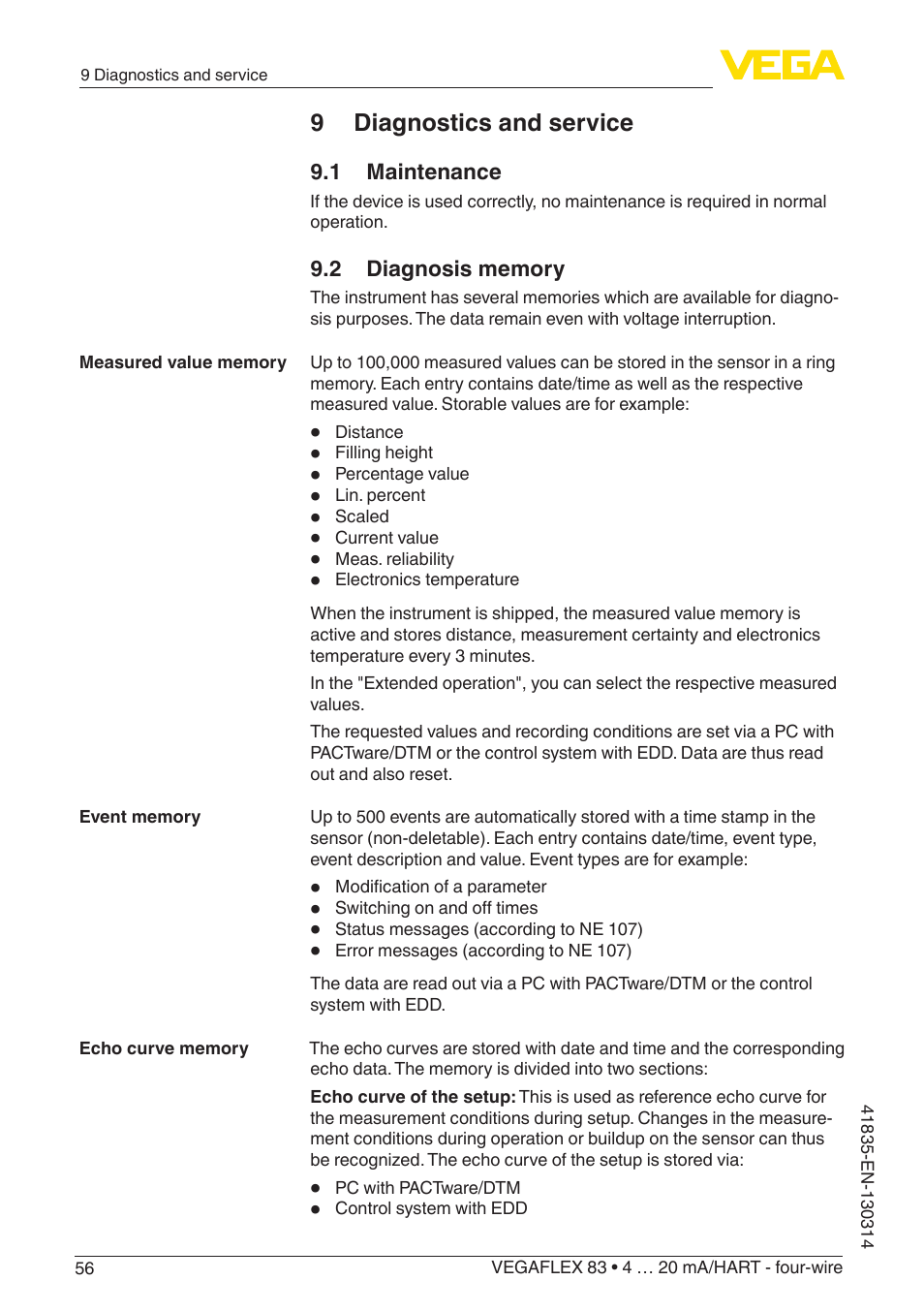 9 diagnostics and service | VEGA VEGAFLEX 83 4 … 20 mA_HART - four-wire PFA insulated User Manual | Page 56 / 80