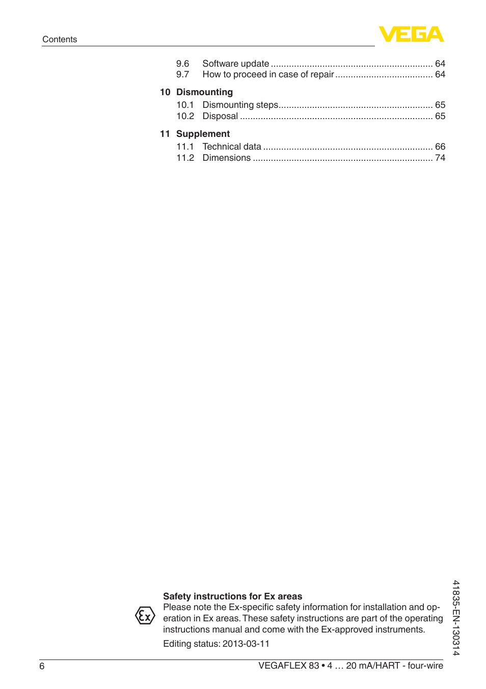 VEGA VEGAFLEX 83 4 … 20 mA_HART - four-wire PFA insulated User Manual | Page 6 / 80