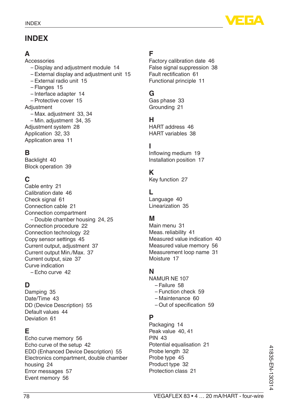 Index | VEGA VEGAFLEX 83 4 … 20 mA_HART - four-wire PFA insulated User Manual | Page 78 / 80