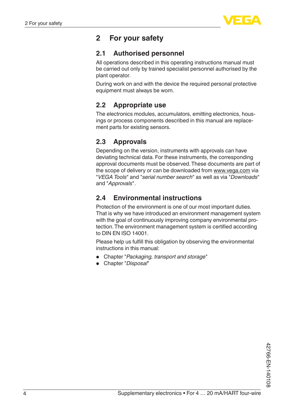 2 for your safety, 1 authorised personnel, 2 appropriate use | 3 approvals, 4 environmental instructions | VEGA Supplementary electronics For 4 … 20 mA_HART four-wire User Manual | Page 4 / 12