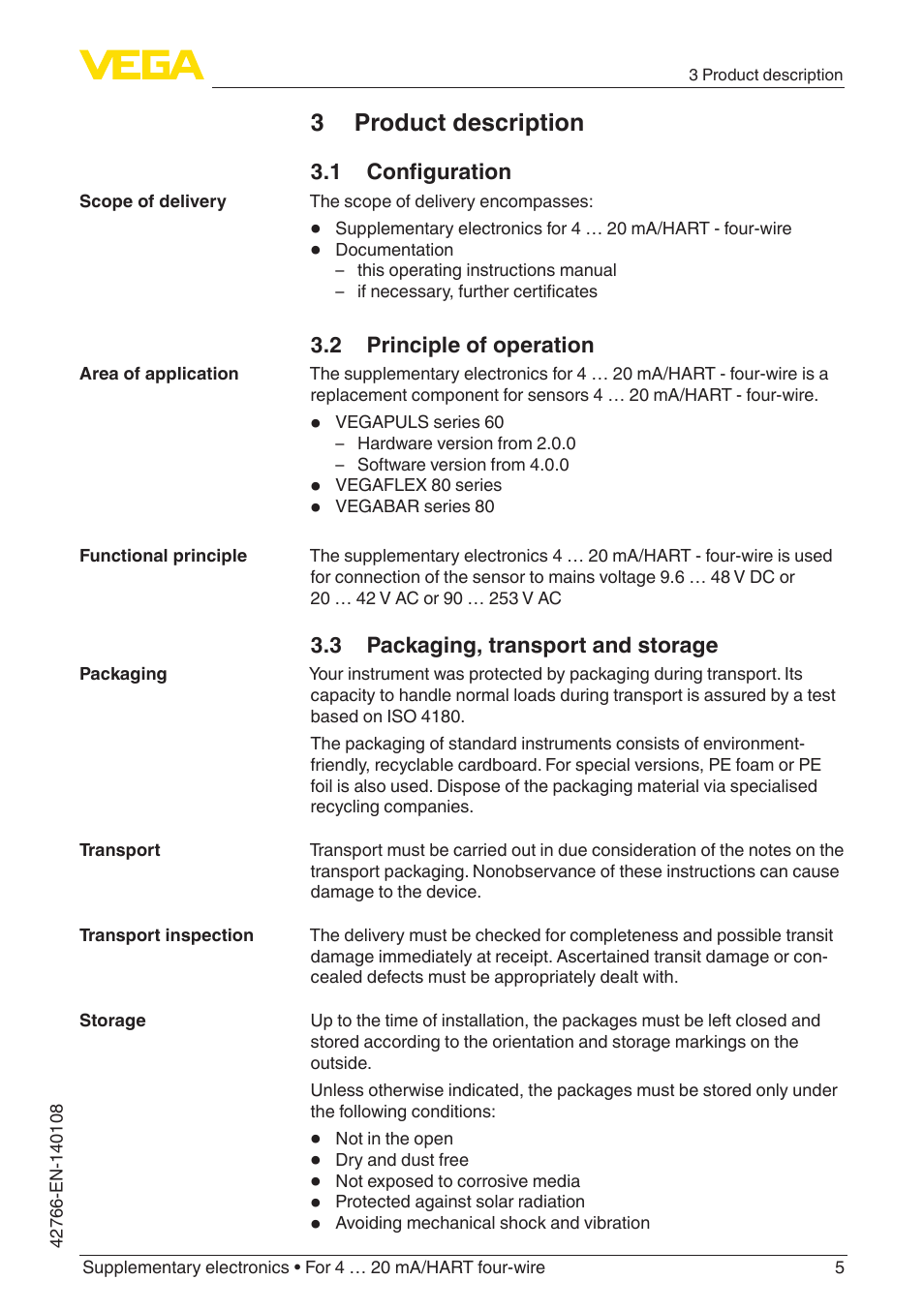 3 product description, 1 configuration, 2 principle of operation | 3 packaging, transport and storage | VEGA Supplementary electronics For 4 … 20 mA_HART four-wire User Manual | Page 5 / 12