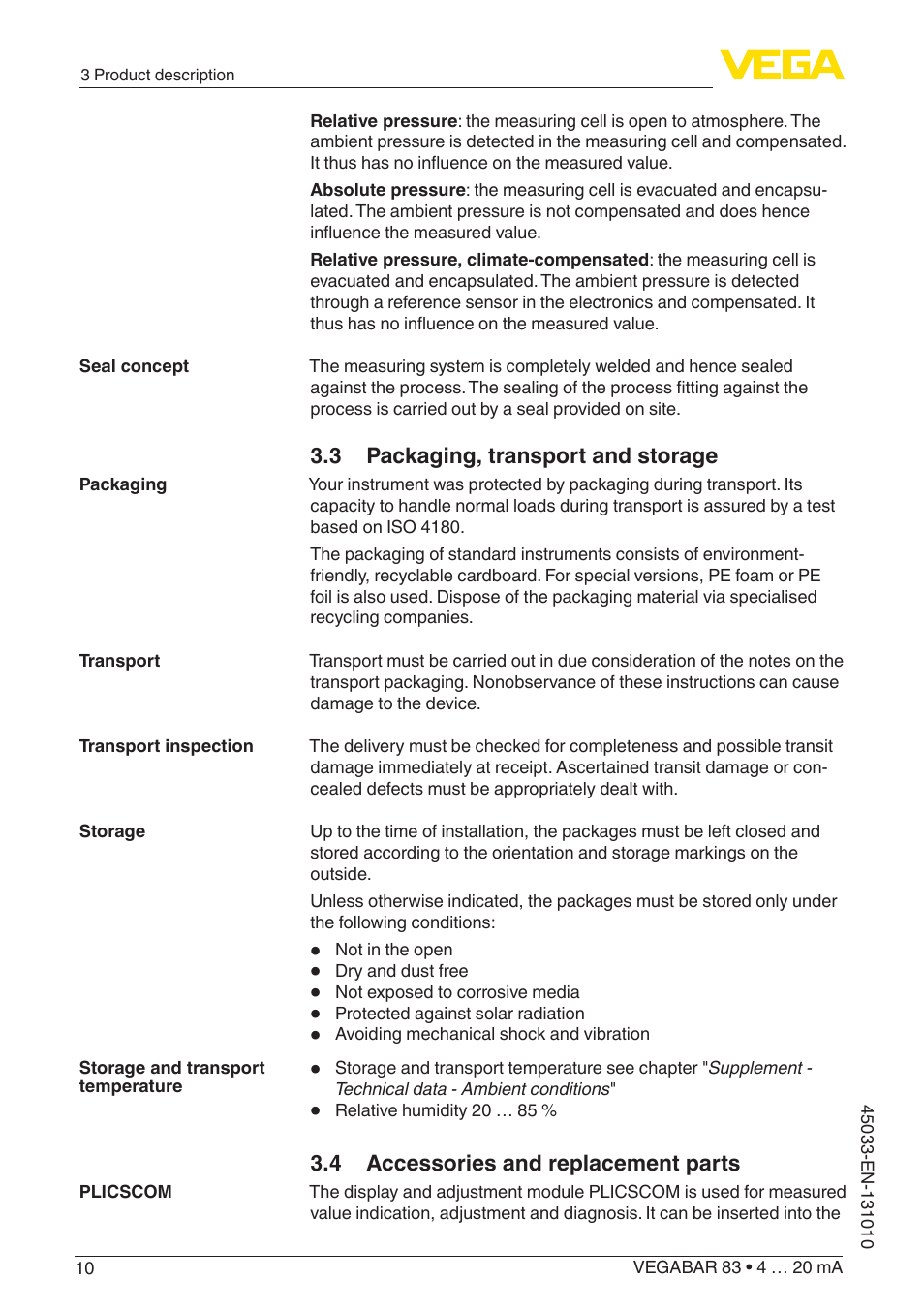 3 packaging, transport and storage, 4 accessories and replacement parts | VEGA VEGABAR 83 4 … 20 mA - Operating Instructions User Manual | Page 10 / 80