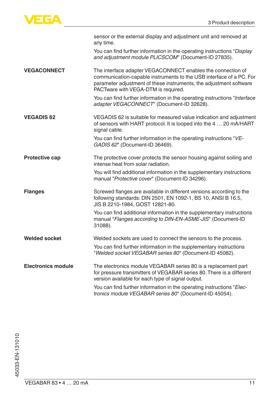 VEGA VEGABAR 83 4 … 20 mA - Operating Instructions User Manual | Page 11 / 80