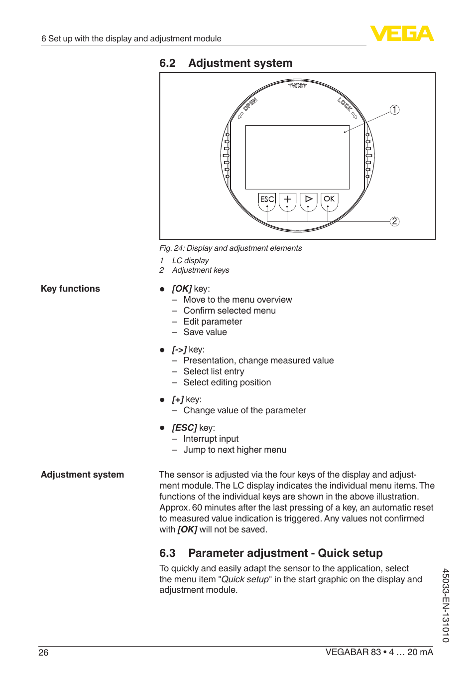 2 adjustment system, 3 parameter adjustment - quick setup | VEGA VEGABAR 83 4 … 20 mA - Operating Instructions User Manual | Page 26 / 80