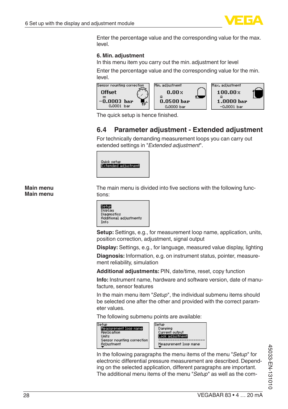 4 parameter adjustment - extended adjustment | VEGA VEGABAR 83 4 … 20 mA - Operating Instructions User Manual | Page 28 / 80