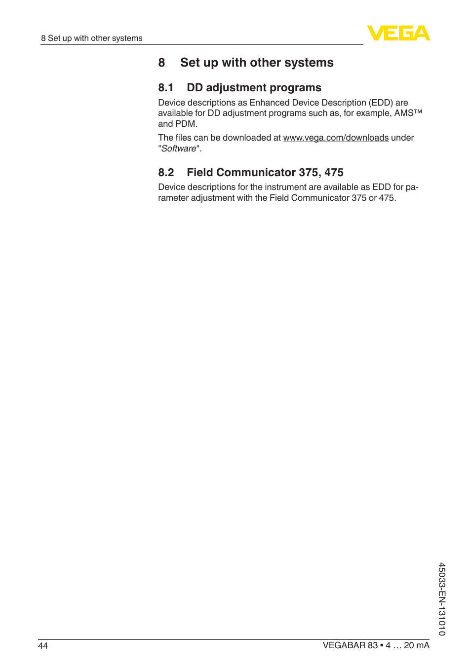 8 set up with other systems, 1 dd adjustment programs, 2 field communicator 375, 475 | VEGA VEGABAR 83 4 … 20 mA - Operating Instructions User Manual | Page 44 / 80