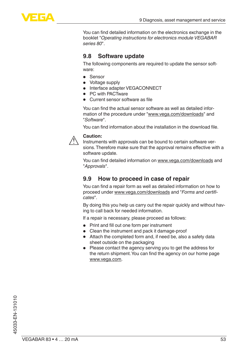 8 software update, 9 how to proceed in case of repair | VEGA VEGABAR 83 4 … 20 mA - Operating Instructions User Manual | Page 53 / 80