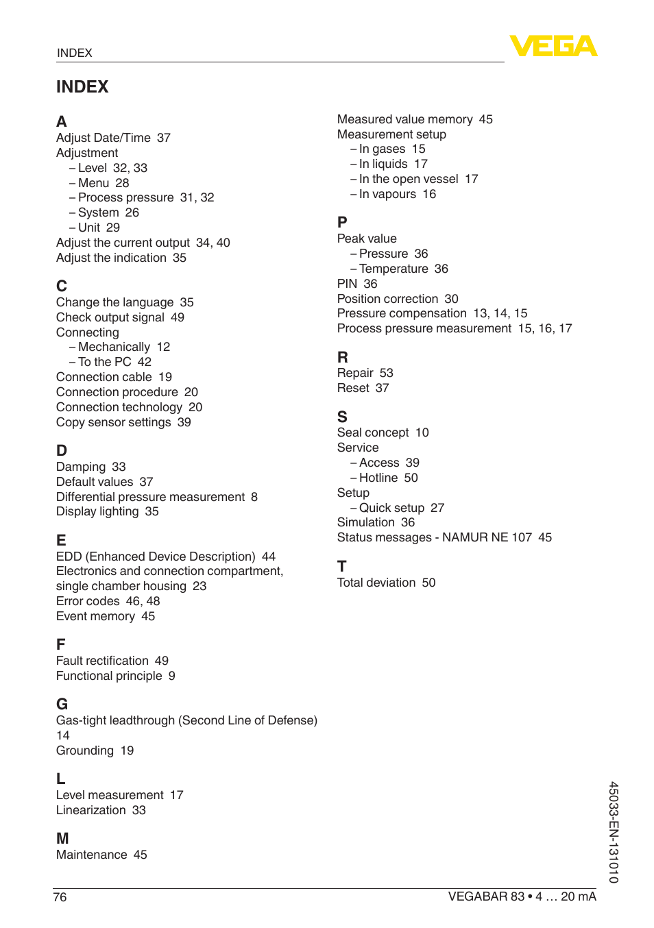Index | VEGA VEGABAR 83 4 … 20 mA - Operating Instructions User Manual | Page 76 / 80