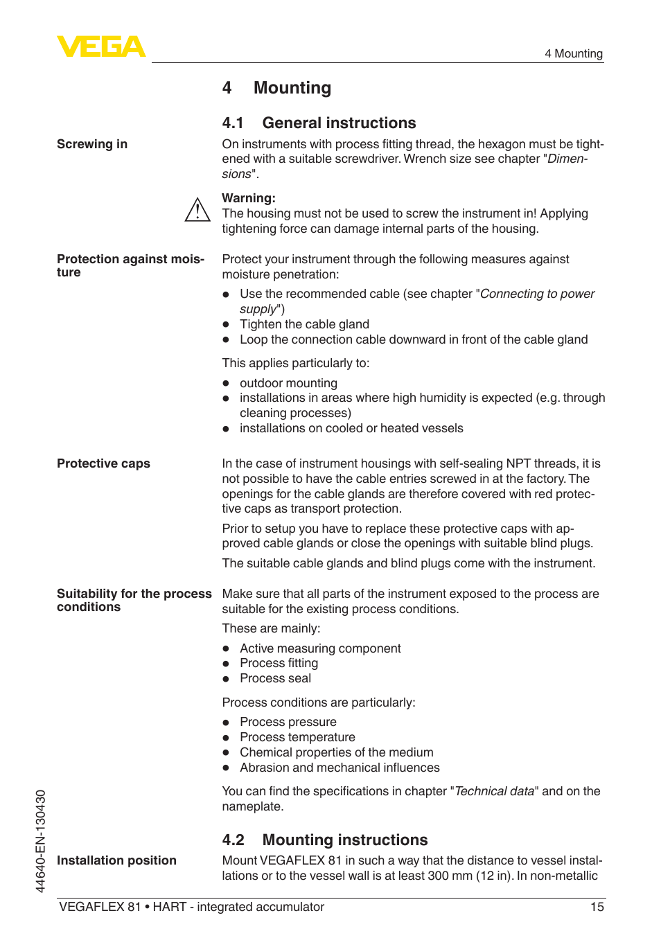 4 mounting | VEGA VEGAFLEX 81 HART - integrated accumulator User Manual | Page 15 / 88