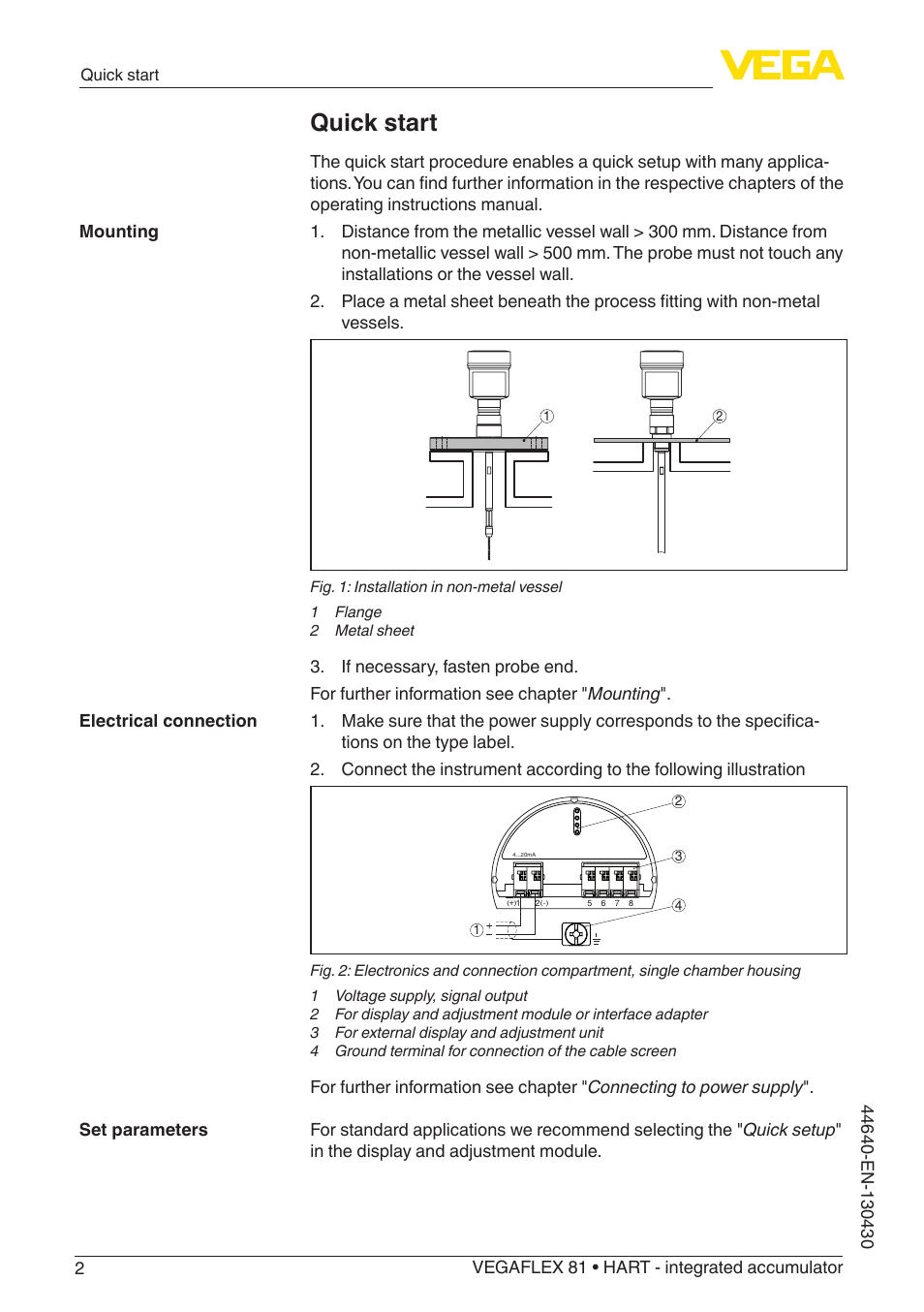 Quick start | VEGA VEGAFLEX 81 HART - integrated accumulator User Manual | Page 2 / 88