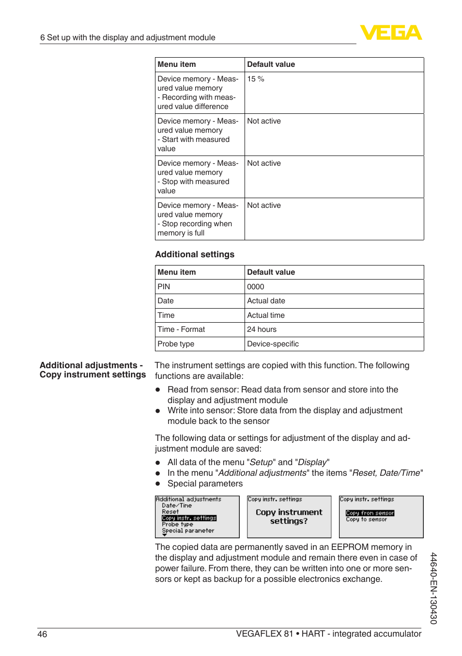 VEGA VEGAFLEX 81 HART - integrated accumulator User Manual | Page 46 / 88