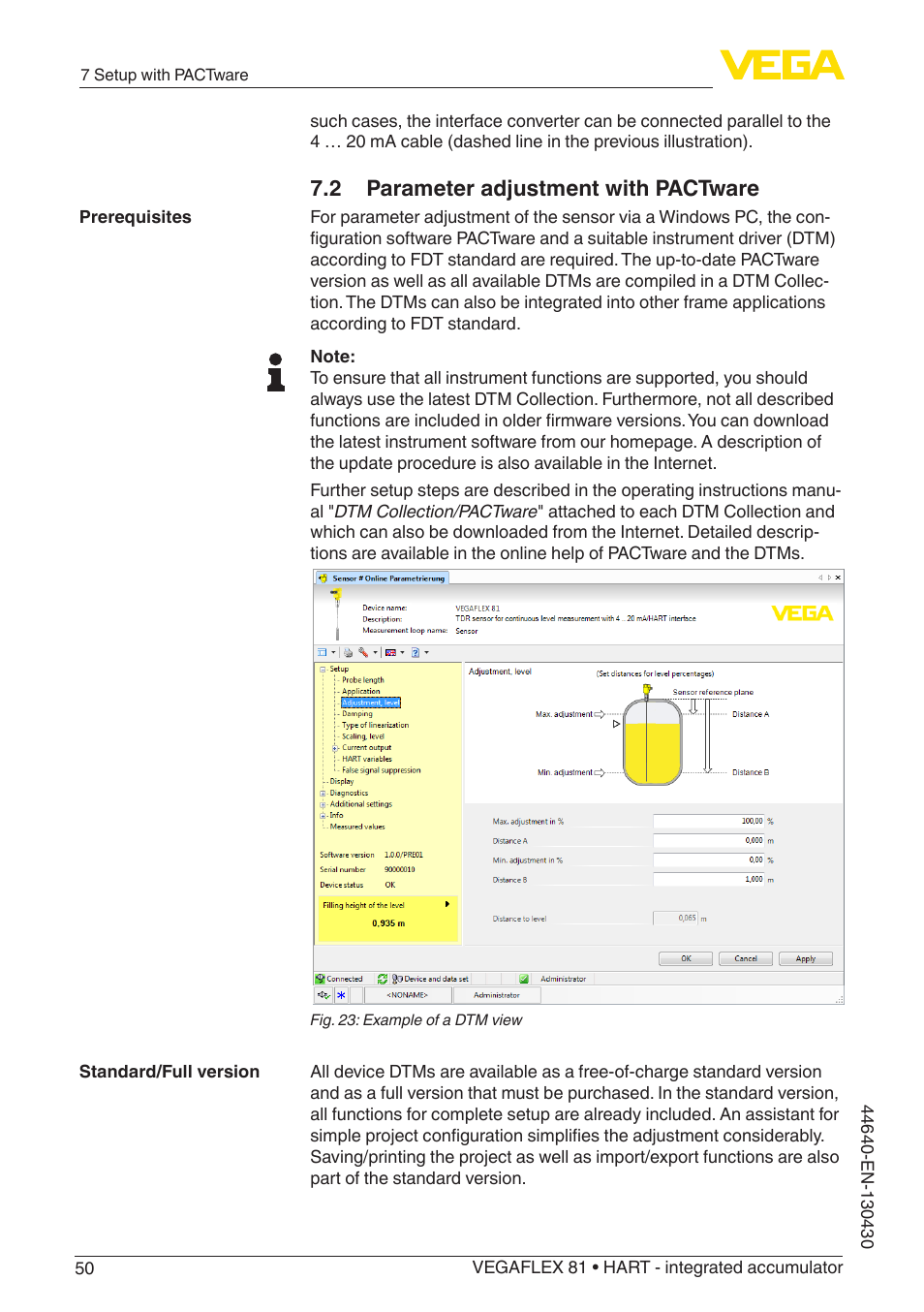 2 parameter adjustment with pactware | VEGA VEGAFLEX 81 HART - integrated accumulator User Manual | Page 50 / 88