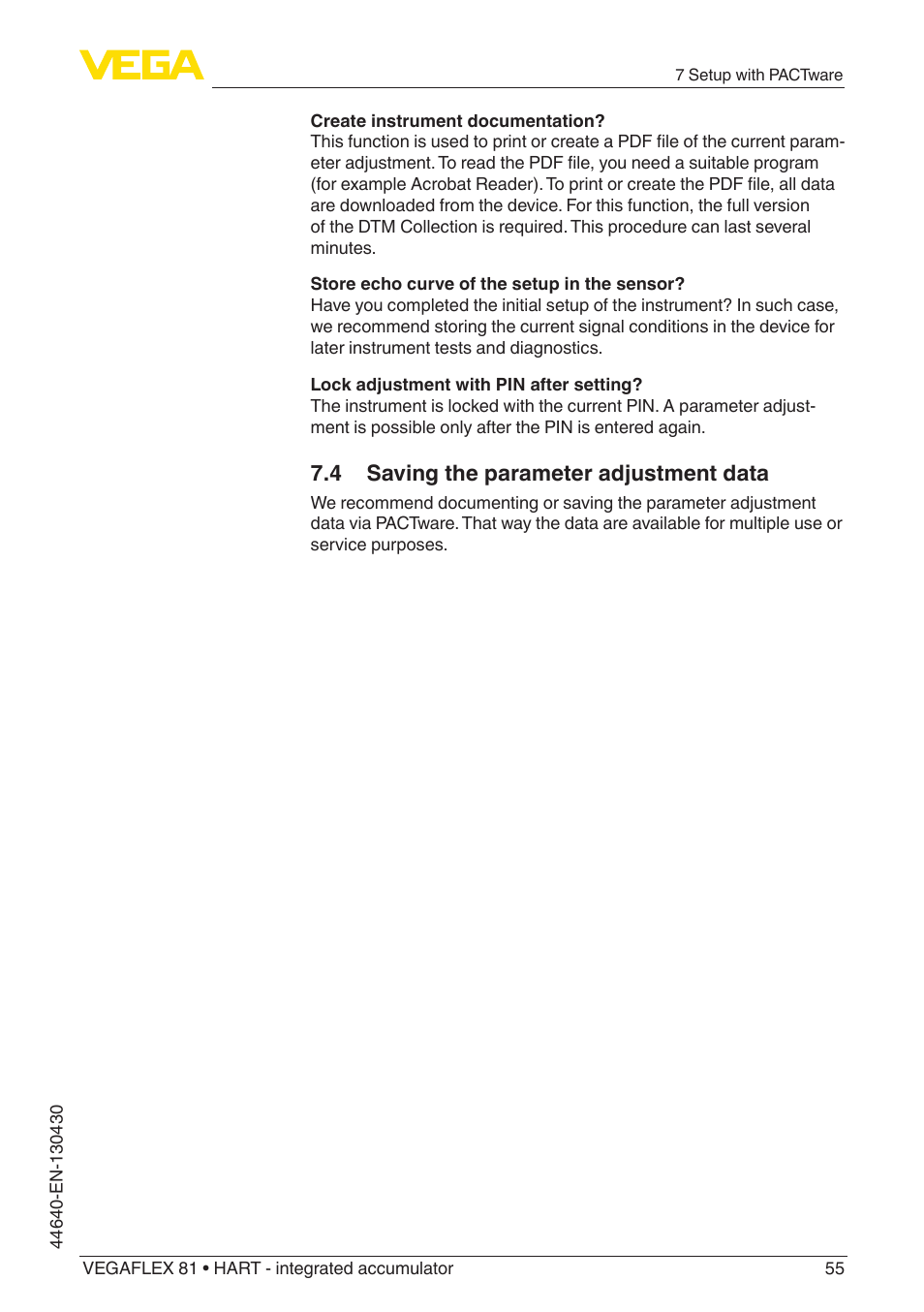 4 saving the parameter adjustment data | VEGA VEGAFLEX 81 HART - integrated accumulator User Manual | Page 55 / 88