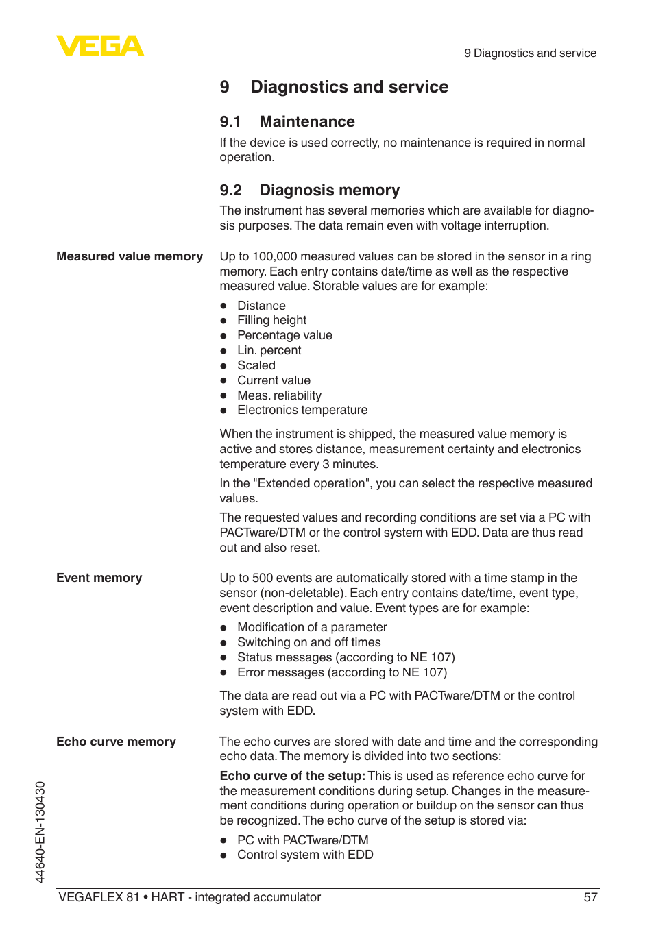 9 diagnostics and service | VEGA VEGAFLEX 81 HART - integrated accumulator User Manual | Page 57 / 88