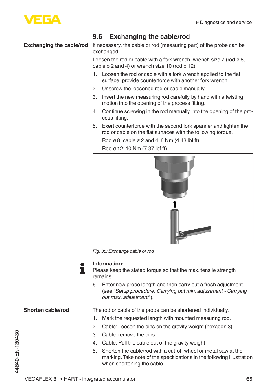 6 exchanging the cable/rod | VEGA VEGAFLEX 81 HART - integrated accumulator User Manual | Page 65 / 88