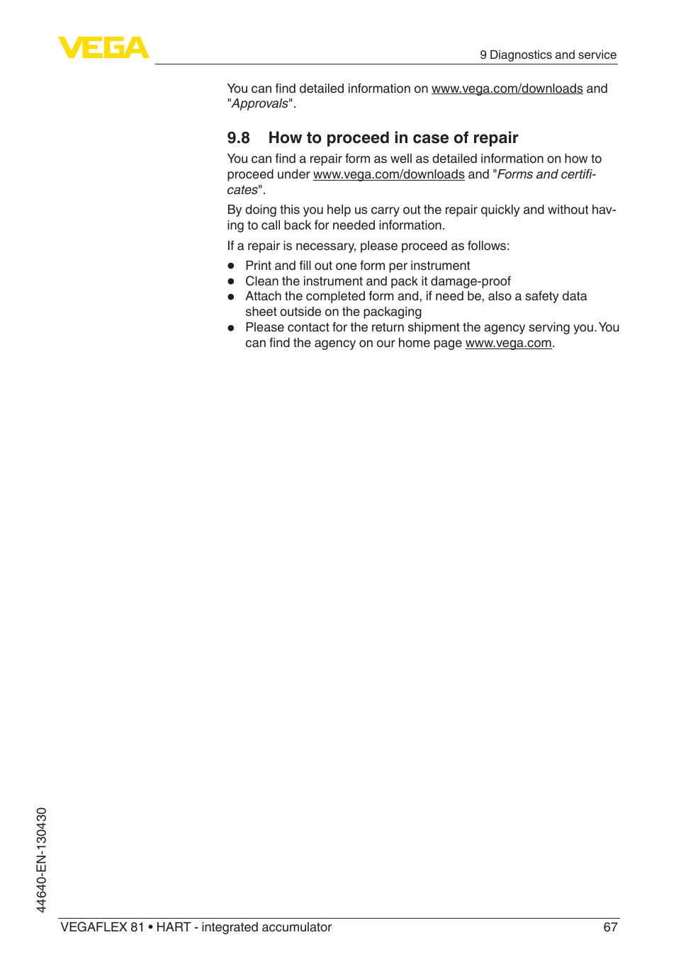 VEGA VEGAFLEX 81 HART - integrated accumulator User Manual | Page 67 / 88