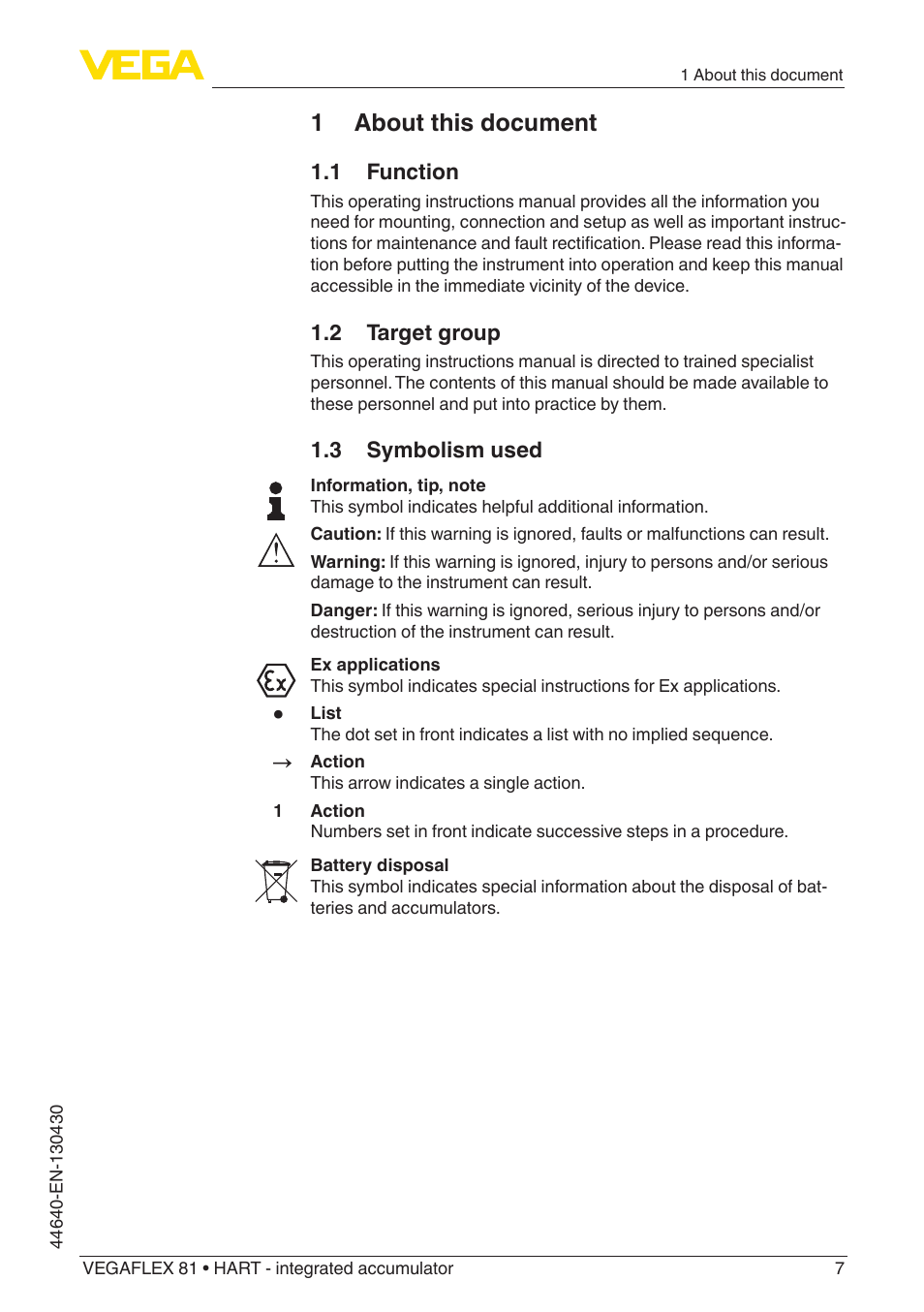 1 about this document | VEGA VEGAFLEX 81 HART - integrated accumulator User Manual | Page 7 / 88