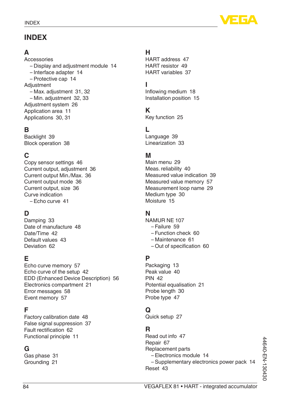 Index | VEGA VEGAFLEX 81 HART - integrated accumulator User Manual | Page 84 / 88