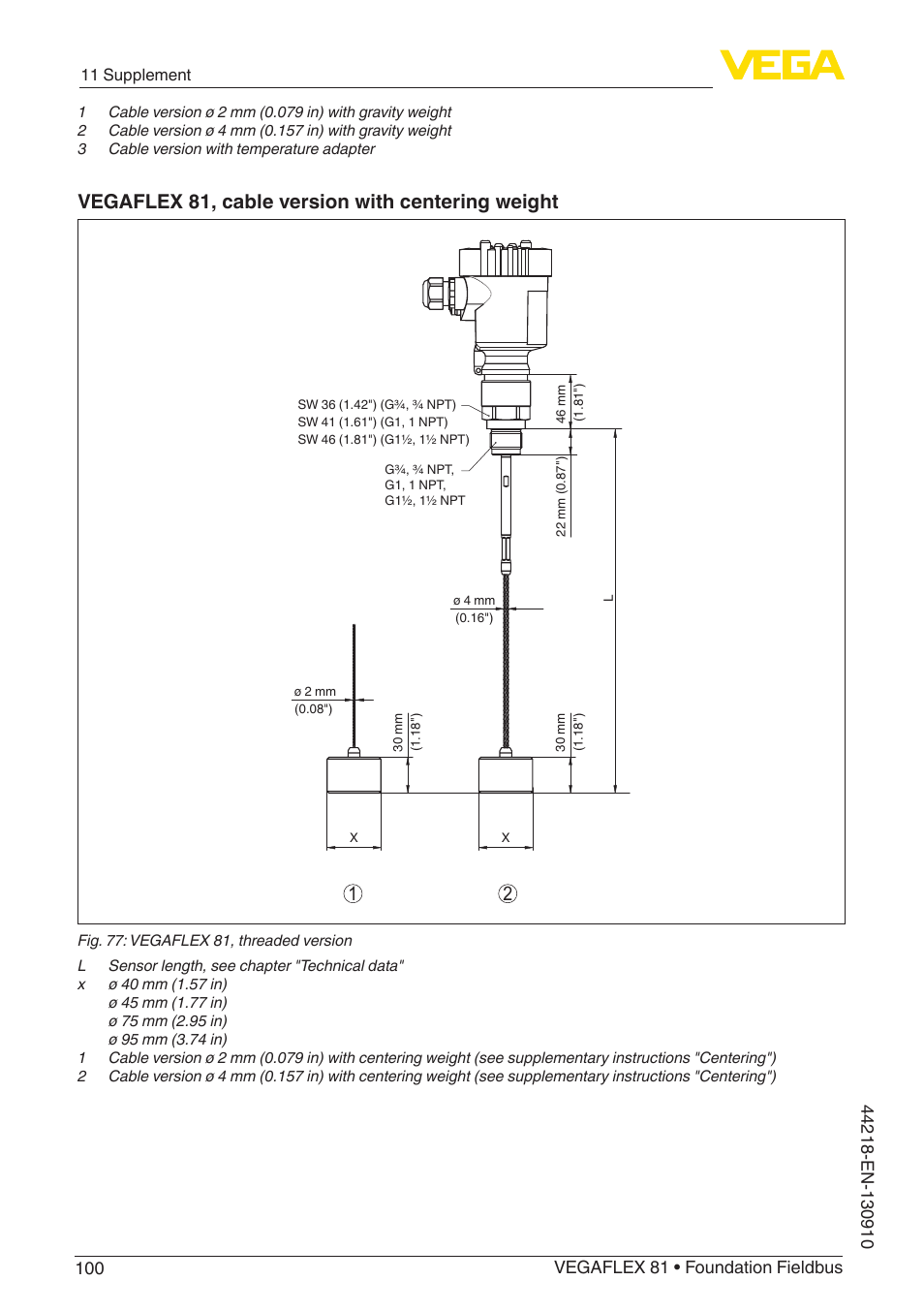 Vegaflex 81, cable version with centering weight | VEGA VEGAFLEX 81 Foundation Fieldbus User Manual | Page 100 / 108