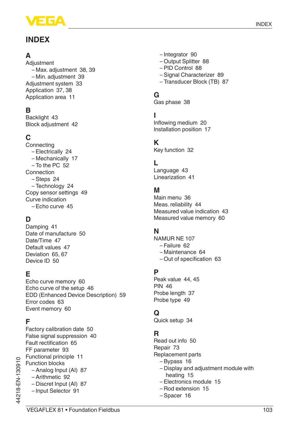 Index | VEGA VEGAFLEX 81 Foundation Fieldbus User Manual | Page 103 / 108