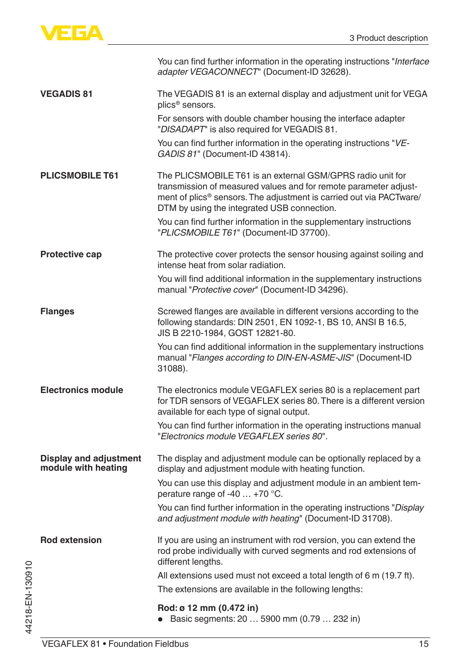 VEGA VEGAFLEX 81 Foundation Fieldbus User Manual | Page 15 / 108