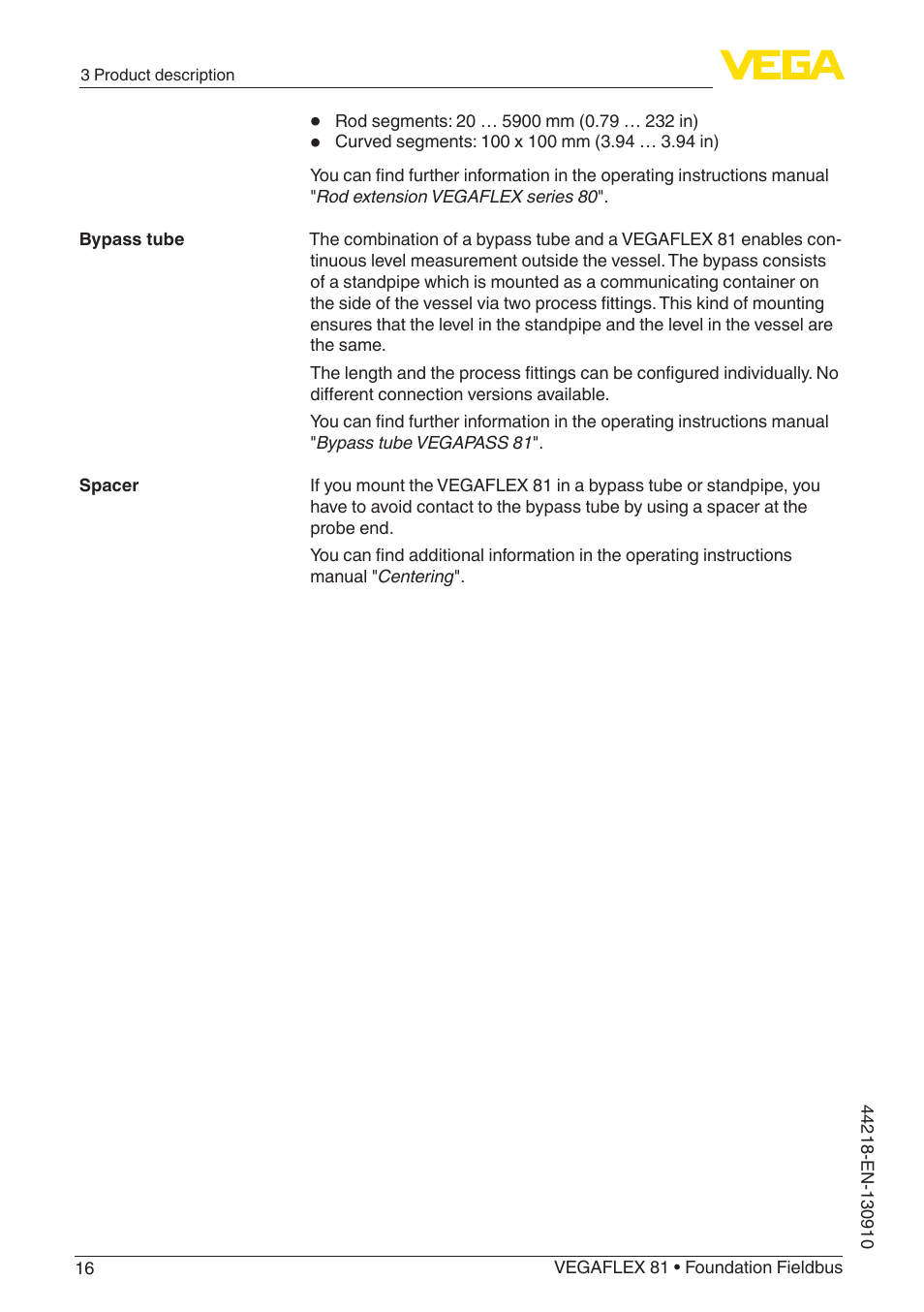 VEGA VEGAFLEX 81 Foundation Fieldbus User Manual | Page 16 / 108