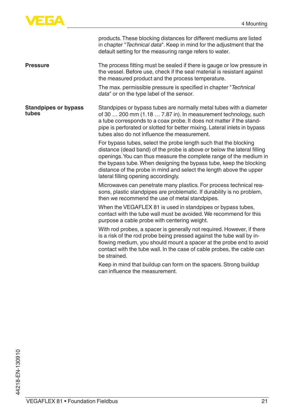 VEGA VEGAFLEX 81 Foundation Fieldbus User Manual | Page 21 / 108