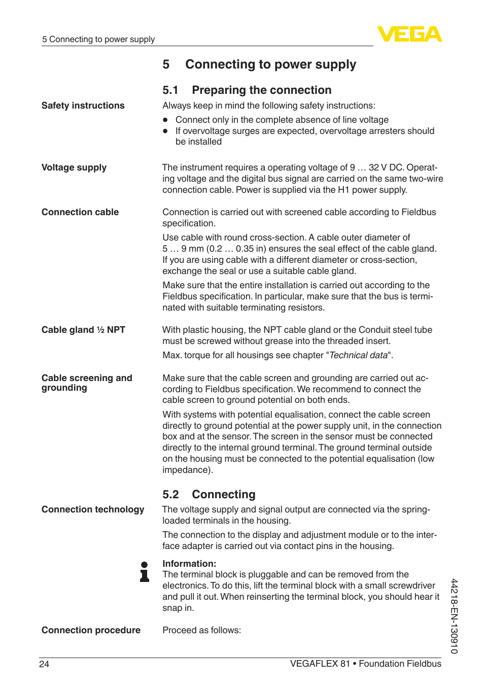5 connecting to power supply, 1 preparing the connection, 2 connecting | VEGA VEGAFLEX 81 Foundation Fieldbus User Manual | Page 24 / 108