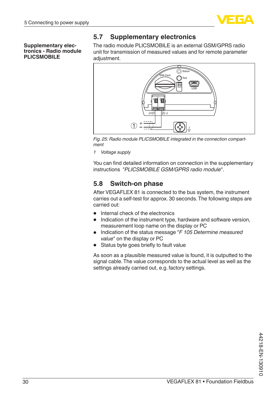 7 supplementary electronics, 8 switch-on phase | VEGA VEGAFLEX 81 Foundation Fieldbus User Manual | Page 30 / 108