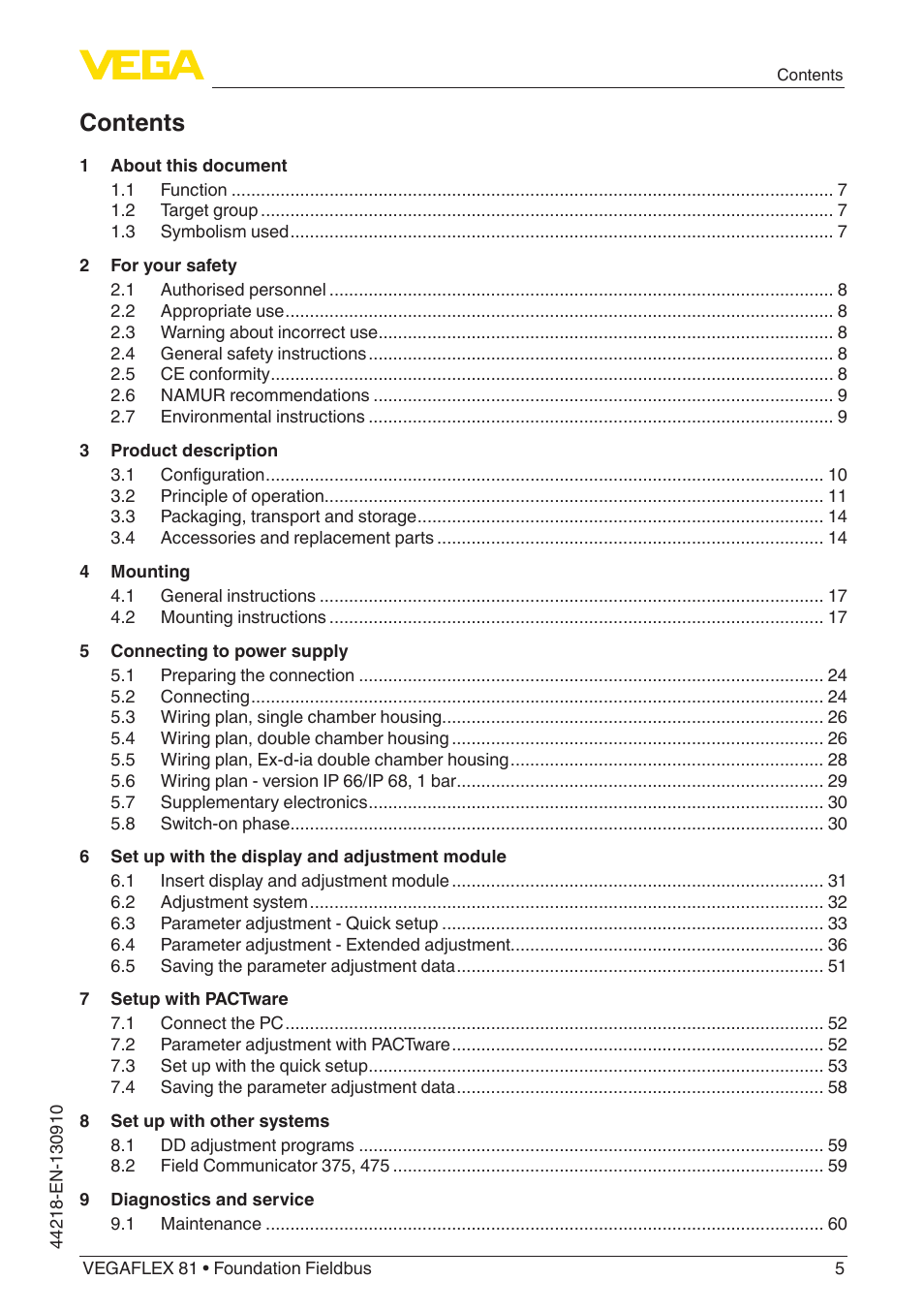 VEGA VEGAFLEX 81 Foundation Fieldbus User Manual | Page 5 / 108