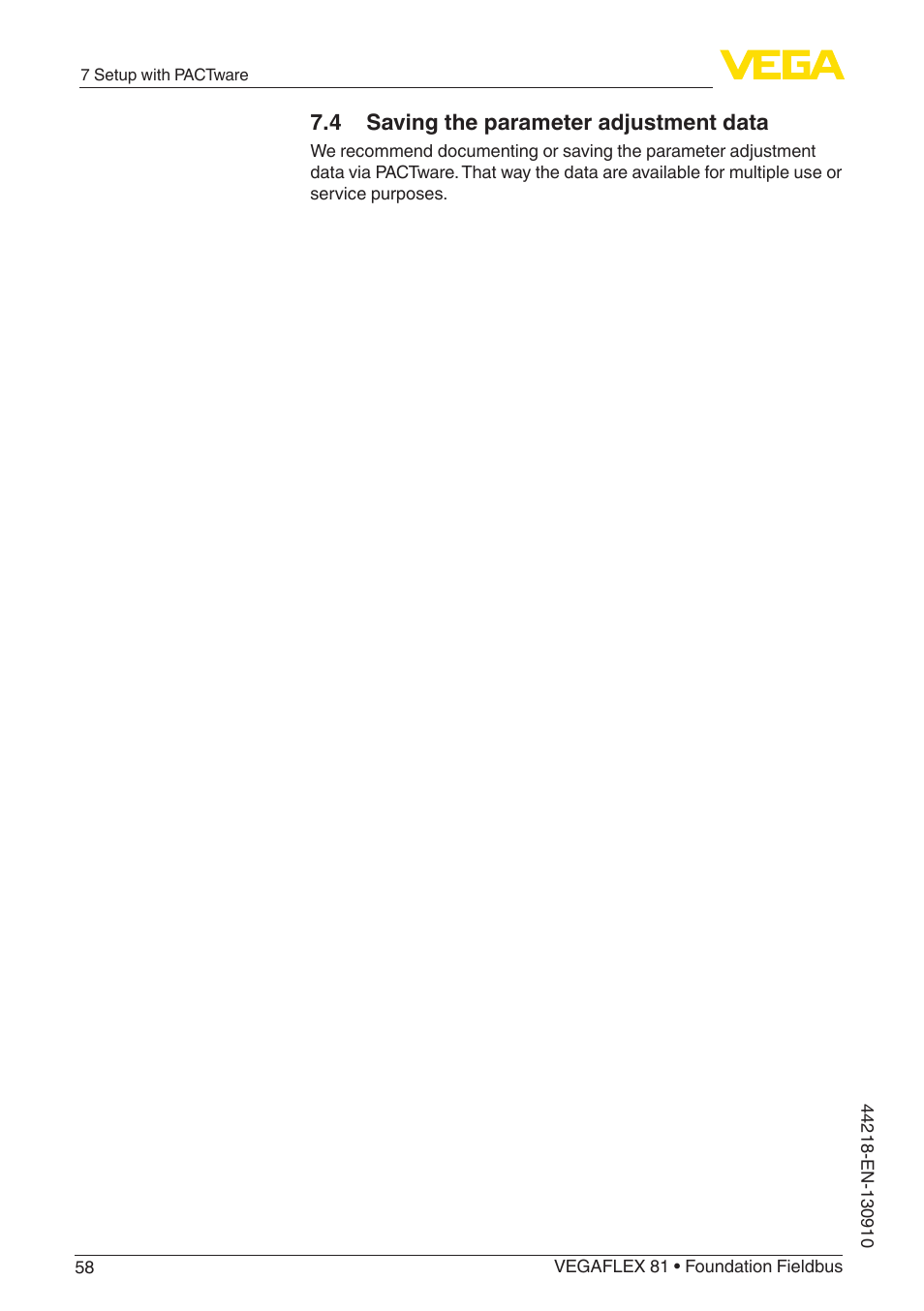 4 saving the parameter adjustment data | VEGA VEGAFLEX 81 Foundation Fieldbus User Manual | Page 58 / 108