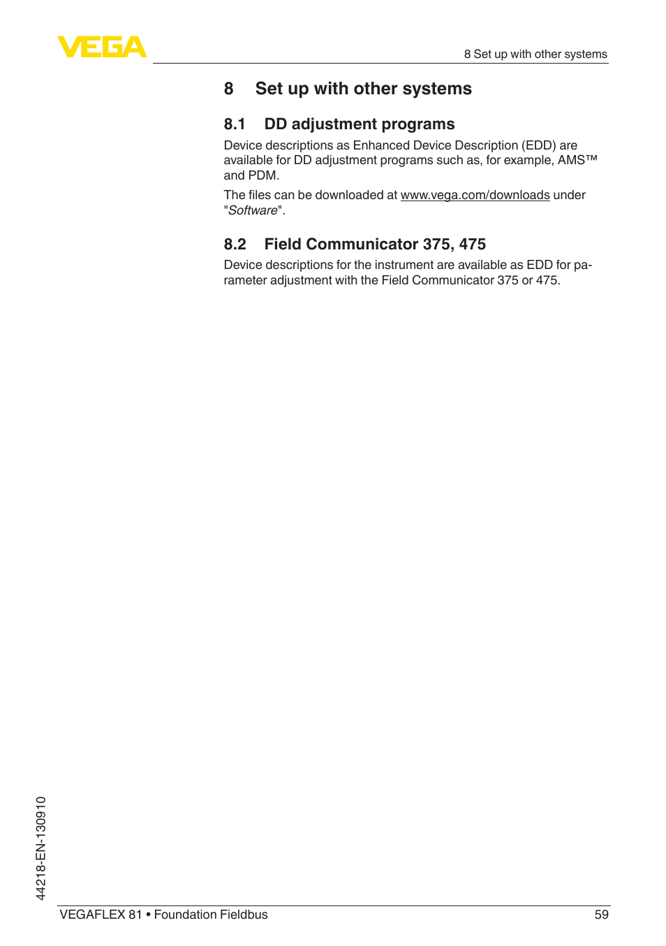 8 set up with other systems, 1 dd adjustment programs, 2 field communicator 375, 475 | VEGA VEGAFLEX 81 Foundation Fieldbus User Manual | Page 59 / 108