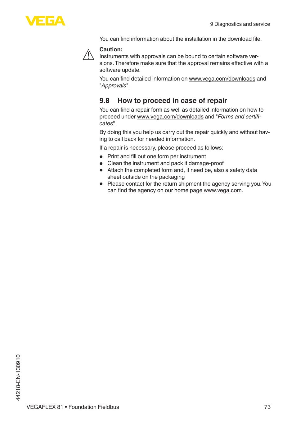 8 how to proceed in case of repair | VEGA VEGAFLEX 81 Foundation Fieldbus User Manual | Page 73 / 108