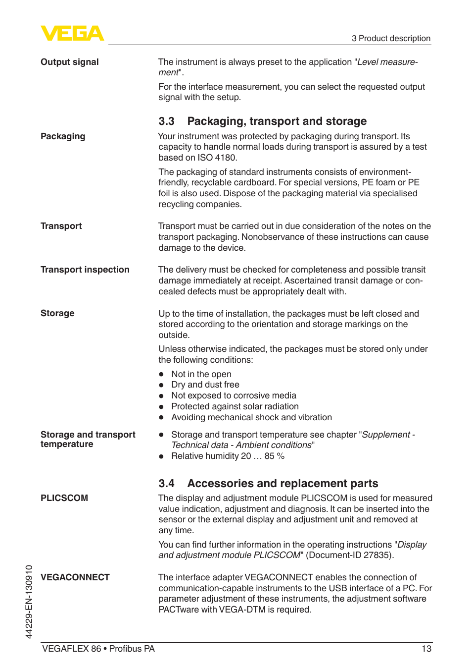 3 packaging, transport and storage, 4 accessories and replacement parts | VEGA VEGAFLEX 86 Profibus PA Coax probe User Manual | Page 13 / 92
