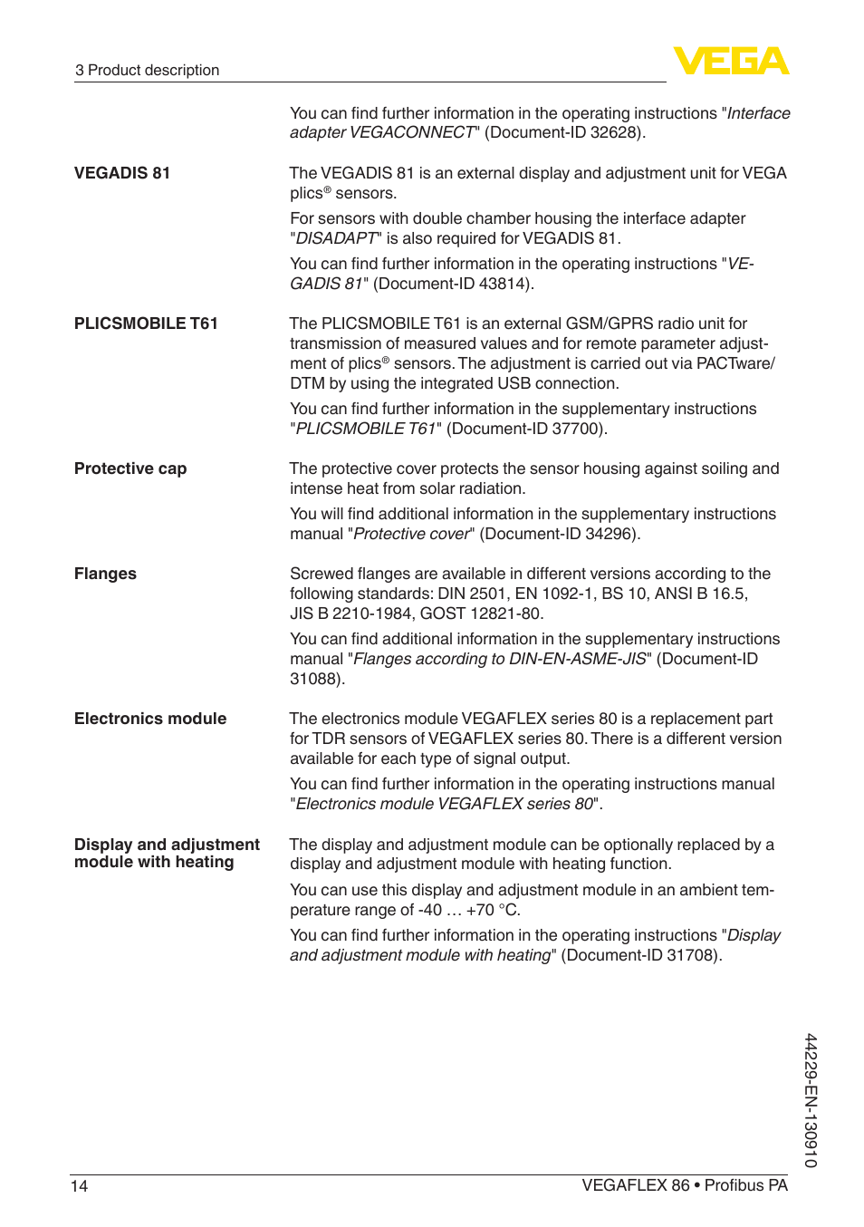 VEGA VEGAFLEX 86 Profibus PA Coax probe User Manual | Page 14 / 92