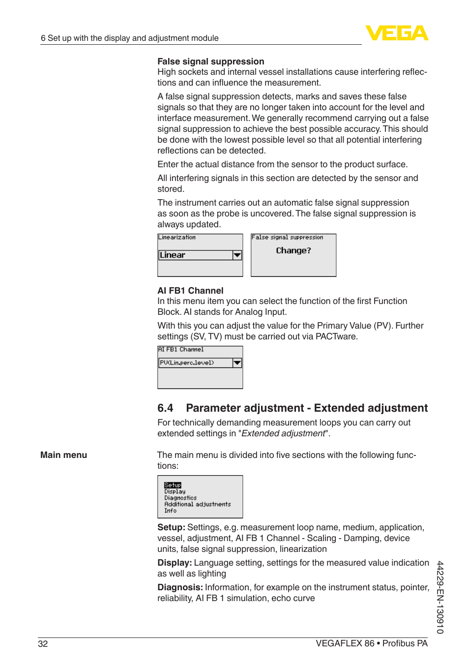 4 parameter adjustment - extended adjustment | VEGA VEGAFLEX 86 Profibus PA Coax probe User Manual | Page 32 / 92